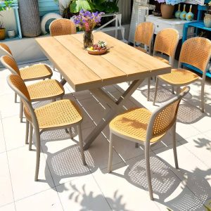 9-teiliges Set Natürliche Farbe Outdoor-Esstischgarnitur mit Polymer-Verbundsitz, wetterfester Tisch und Stühle, einfacher Stil, Schwarz, 86,6"L x 35,4"B x 29,5"H, Tisch & 8 Stühle
