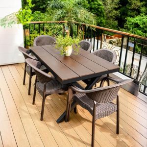 9-teiliges Set Patio-Esstischgruppe, Laminiert Tischplatte, Kakao Farbe, Rechteckige Form, Stuhl, UV-beständig, Moderner einfacher Stil, 86,6"L x 35,5"B x 29,1"H, Tisch & 8 Stühle