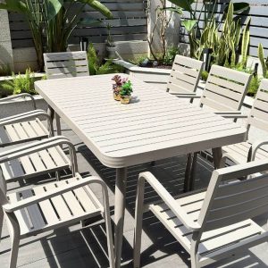 Elfenbeinfarbenes Outdoor-Essset, Sitzmöbel aus Legierung, flammhemmend, 5-teilig mit Stuhl, schlichter Stil und Tisch, Champagner, 51,2"L x 33,5"B x 29,5"H, Tisch & 4 Stühle