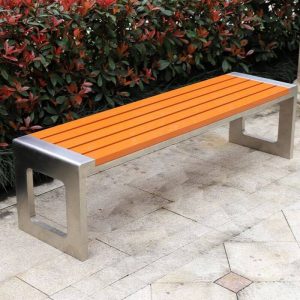 Natürliche Farbe Picknickbank im Art-Deco-Stil mit Edelstahlrahmen, 71"L x 16"B x 18"H, geschwungene Form