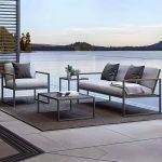 Industrielle Schwarzlegierung 2 Tische Symmetrisch Graues Outdoor Sofa Sitzgruppe 4-teilig, 4-teiliges Set (Stuhl & Loveseats & Couchtisch & Beistelltisch)