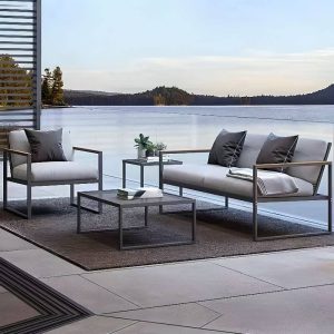 Industrielle Schwarzlegierung 2 Tische Symmetrisch Graues Outdoor Sofa Sitzgruppe 4-teilig, 4-teiliges Set (Stuhl & Loveseats & Couchtisch & Beistelltisch)