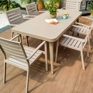 Hellgraues 9-teiliges Terrassen-Essset mit Metallplatte, rechteckig, Stuhl, UV-beständig, moderner einfacher Stil, 91"L x 35"B x 30"H, Tisch & 8 Stühle