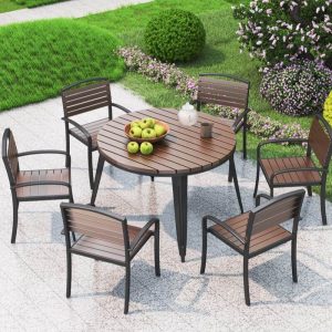 Einfacher runder Kakaofarbener Patio-Esstisch mit Stahlrahmen, 39,4"L x 39,4"B x 29,5"H, nur Tisch