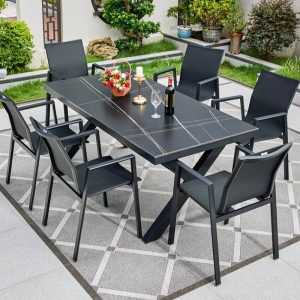 Stoff-Outdoor-Esstisch mit wetterfester Midnight Black-Tischplatte, 5-teiliges Set mit Stuhl, einfacher Stil und Tisch, 47"L x 31"B x 29"H, Tisch & 4 Stühle