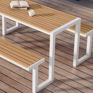 Rechteckiger Patio-Esstisch in natürlicher Farbe mit Metallgestell im einfachen Stil, 59,1"L x 59,1"B x 29,5"H, Natur/ Weiß