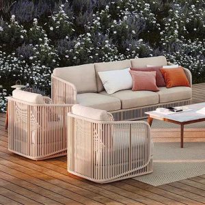9-teiliges Garten-Sofa-Set mit 2 grauen Tischen und Ottoman