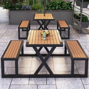 Outdoor-Picknicktisch mit rechteckigem Eisenrahmen in natürlicher Farbe im minimalistischen Stil, Schwarz, 47"L x 70"B x 31"H