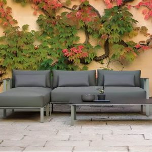 Chaise-Komponente Grau 3-teiliges UV-beständiges Outdoor-Sofa-Gesprächsset mit gesintertem Steintisch und 100% Baumwoll-Loveseat, 3-teiliges Set (Chaise Lounge & Left Arm Loveseat & Kaffeetisch)