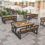Patio-Esstisch in Hellbraun mit recyceltem Holz, rechteckige Form, einfacher Stil, Weiß, 63"L x 70"B x 31"H