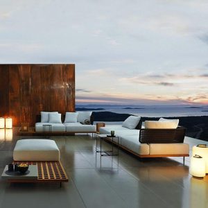 Zeitgemäßes modulares wasserbeständiges Sofa in schwarzem Legierungsrahmen für 1 Person mit Kissen, Einzelecksofa