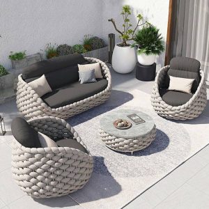 Wasserdichter Rock-Coffeetisch inklusive WeCourtyard Sofa-Kombination mit Seilflechtarbeit in Grau - 4-teiliges Set (2 Stühle & 1 Loveseat & 1 Coffeetisch)