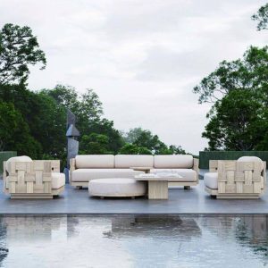 Elfenbein 6-teiliges Set 2 Tische Outdoor Sofa Konversationsset mit Ottoman, 6-teilig (2 Einzel&1 Dreier&1 Fuß&1 Coffee Table&1 Side Table)