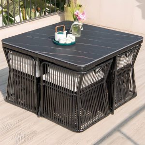 Einfaches, flammhemmendes Outdoor-Essset mit Midnight Black Glastisch, 5-teilig, 47.2"L x 47.2"B x 29.1"H, Tisch & 4 Stühle