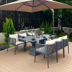 Skandinavischer Edelstahl-Patio-Armlehnenstuhl mit Taubengrauem Bezug, 20"L x 22"B x 31.5"H