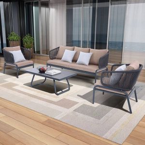 Ruby-Bezug-Kreidetisch Patio-Sofa-Sitzgruppe mit Leinen, 4-teiliges Set mit Stein-Tischplatte, Loveseat und Stuhl, Weiß, 4-teiliges Set (2 Stühle & 1 Loveseat & 1 Couchtisch)