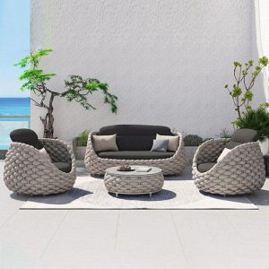 Modernes graues WeCourtyard Sofa-Set wasserdichtes Taugeflecht mit Steintisch-Couchtisch - 2-teiliges Set (1 Stuhl & 1 Couchtisch)