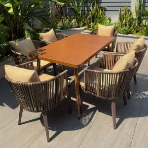 7-teiliges Set Kakaofarbenes Rechteckiges Art-Deco-Metal-Patio-Esszimmer-Set mit UV-beständigem Stuhl, Braun, 78,7"L x 39,4"B x 29,5"H, Tisch & 6 Stühle
