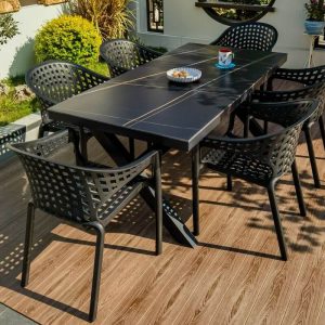 Gesintertes Stein-Patio-Essset, 7-teiliges Set, Mitternachtsschwarz, rechteckige Form, Stuhlset, UV-beständig, moderner einfacher Stil, 47,2"L x 35,4"B x 29,5"H, Tisch & 6 Stühle