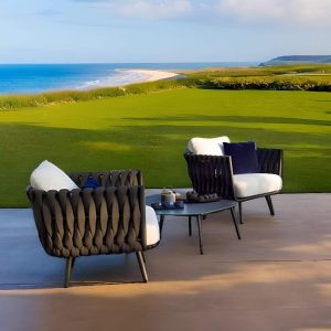 Schickes Outdoor-Sofa-Sitzset mit Tischplatte aus Legierung, Kreidebezug aus 100% Baumwolle, 5-teiliges Set inklusive Mitternachtsschwarzem Tisch, Loveseat und dunkelgrünen Kissen - 5-teiliges Set (2 Stühle & Loveseat & 3-Sitzer Sofa & Couchtisch)