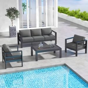 Mitternachtsschwarze Outdoor Sofa Konversationsgruppe mit Canvas bezogenem Rücken Loveseat, Holzplattentisch und Stuhl, 5-teiliges Set, 5-teiliges Set (2 Stühle & Loveseat & 3-Sitzer Sofa & Couchtisch)