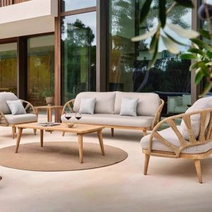 Zeitgenössisches unbehandeltes Teakholz-Sofa - wasserfest für 3 Personen mit Kissen, 1 Stück, 3-Sitzer Sofa