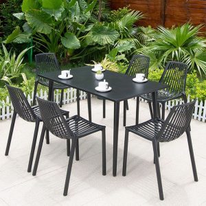 Outdoor Dining Set mit Polymer Compound Sitz, flammhemmend, Midnight Black Tischplatte, 5-teilig mit Stuhl, einfacher Stil und Tisch, 27,6"L x 27,6"B x 28,3"H, Tisch & 4 Stühle