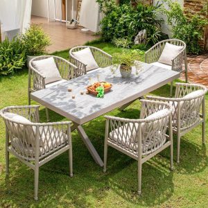 Hellgraues Stein rechteckiges Art Deco Terrassen-Essset mit UV-beständigem 5-teiligem Stuhl, 59,1"L x 35,4"B x 29,5"H, Tisch & 4 Stühle