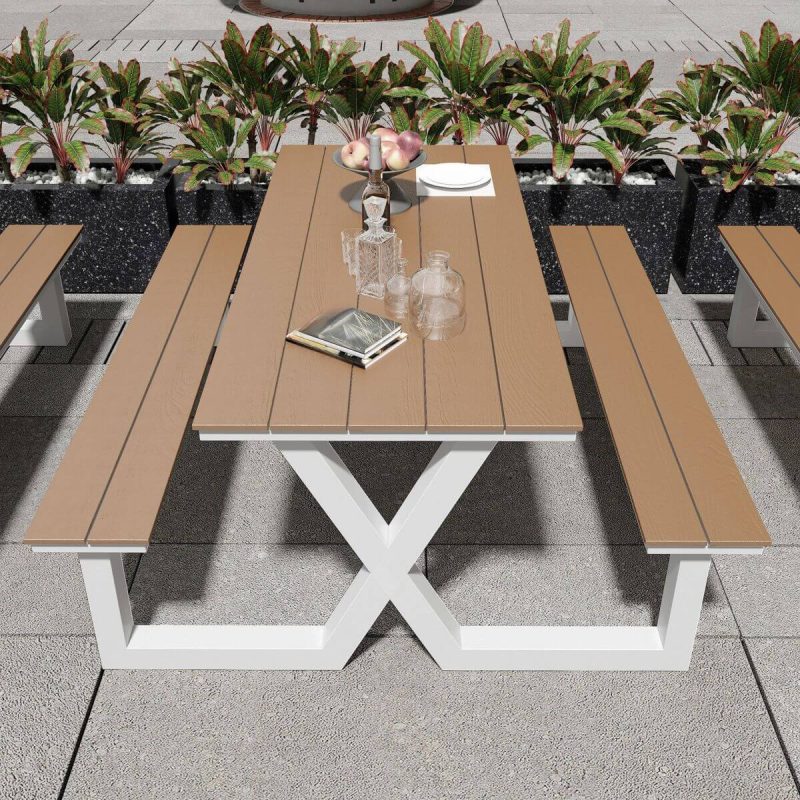 Einfacher Patio-Esstisch mit hellbrauner rechteckiger Platte aus recyceltem Holz, 79"L x 63"B x 30"H, Quadratrohr, Weiß/ Kaffee