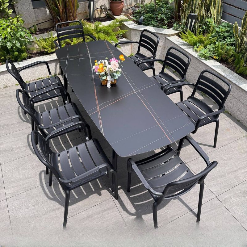 9-teiliges Outdoor-Essset mit Sitzmöbeln aus Legierung, Tischplatte in Mitternachtsschwarz, UV-geschützt, Stuhl & Tisch, einfacher Stil, Schwarz, 79"L x 31"B x 29"H, Tisch & 8 Stühle