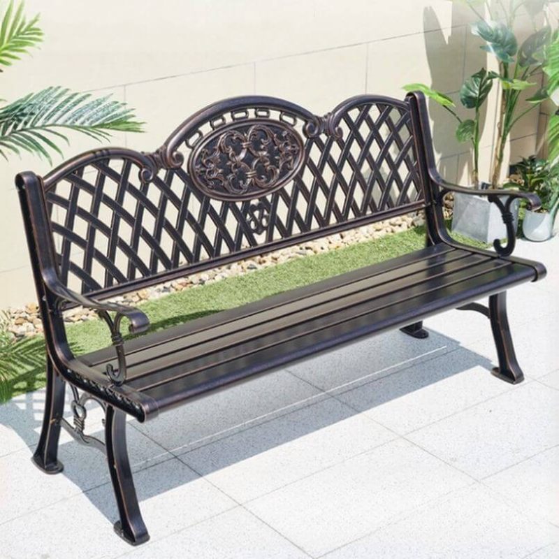 Art Deco Auburn Alloy Patio Bench mit gebogenem Arm und Rücken, 59"L x 24"B x 34"H