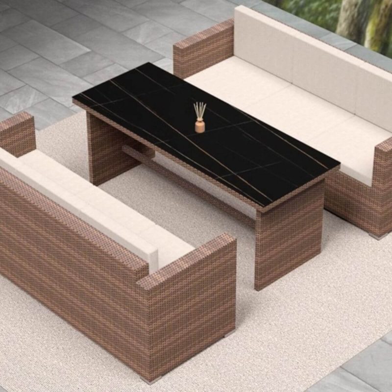 Klartisch Patio-Sofagruppe mit Karamellfarbener Canvas-Bezug, Vitreous-Tischplatte, Sofa, 3-teilig, UV-beständig, Schwarz, 3-teiliges Set (2 Dreisitzer & 1 langer Glas-Kaffeetisch)