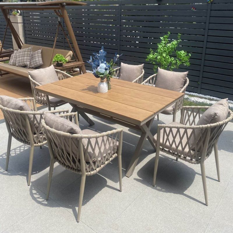 Polstergarnitur für draußen in natürlicher Farbe - 7-teiliges Set, wetterfest mit Stuhl, einfachem Stil und Tisch, 59,1"L x 35,4"B x 29,5"H, Tisch & 6 Stühle