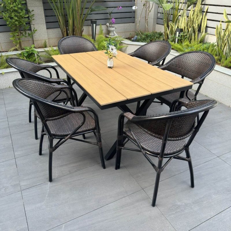 Natürliche Farbe Outdoor-Esstischgarnitur mit Legierungsrahmen, 7-teiliges Set, wetterfeste Stühle, einfacher Stil und Tisch, Schwarz, 51,2"L x 35,4"B x 29,5"H, Tisch & 6 Stühle