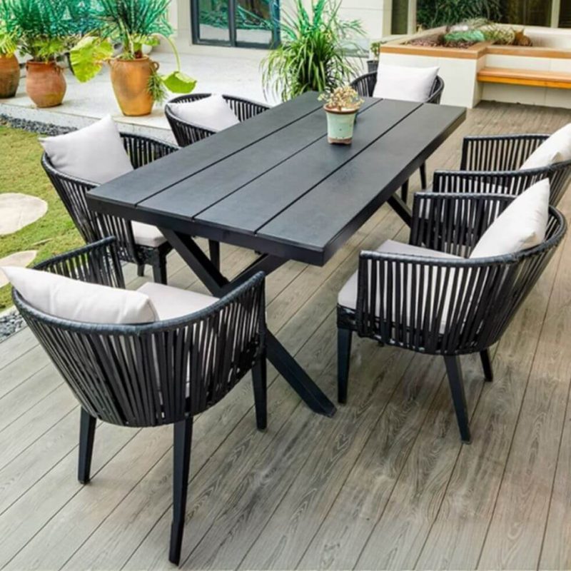 Patio-Esstisch mit Laminat-Tischplatte, 7-teiliges Set, Mitternachtsschwarz, rechteckige Form, Stuhlset, UV-beständig, moderner einfacher Stil, 59,1"L x 35,4"B x 29,1"H, Tisch & 6 Stühle