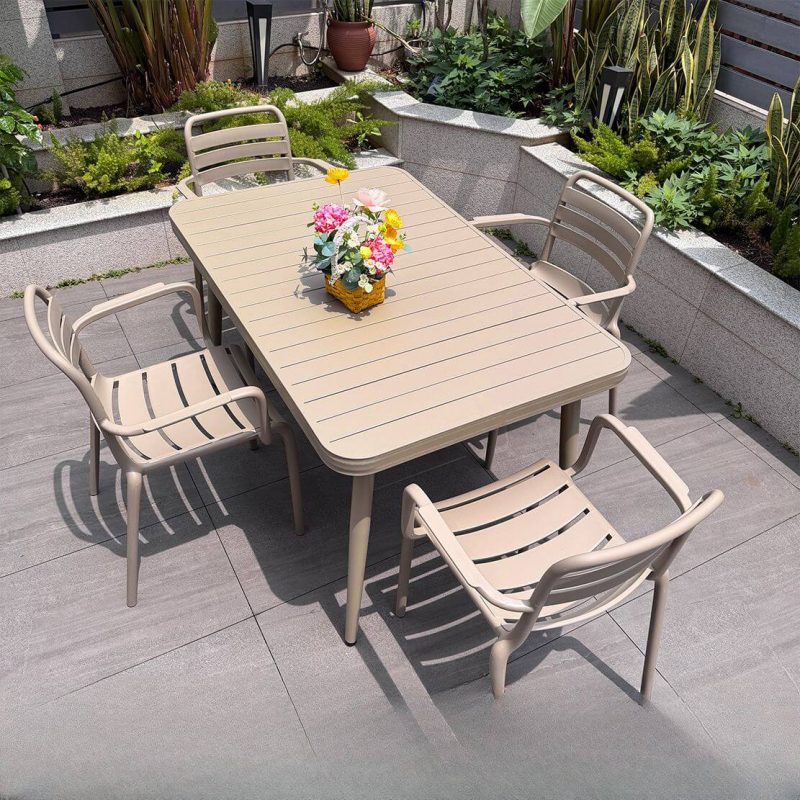 Outdoor-Esstischset mit Legierungssitz, Tischplatte in Tan, UV-geschützt, 5-teiliges Set, Stuhl & Tisch, einfacher Stil, Tisch & 4 Stühle, 51"L x 33"B x 28"H
