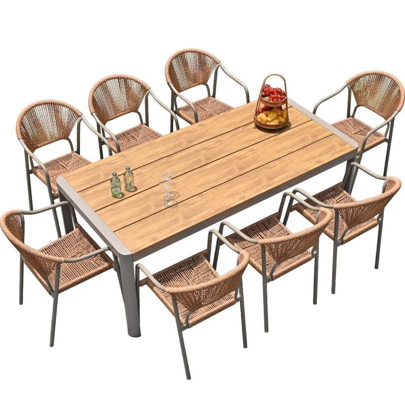 9-teiliges Set Patio-Essset, Tisch aus Holzwerkstoff, beige, rechteckig, Stuhl, UV-beständig, mit Tisch, 76"L x 35"B x 30"H, Tisch & 8 Stühle
