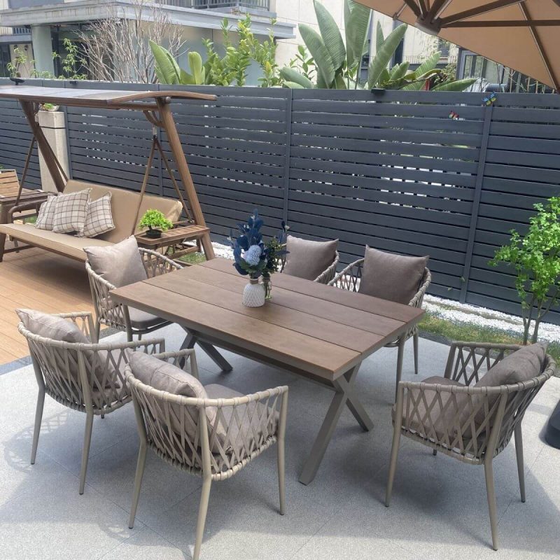 Polstergarnitur für draußen in natürlicher Farbe - 7-teiliges Set, wetterfest mit Stuhl, einfachem Stil und Tisch, 51,2"L x 35,4"B x 29,5"H, Tisch & 6 Stühle