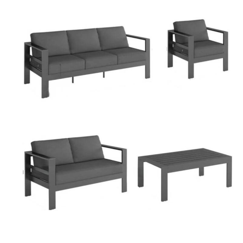 Schwarze Patio Sofa Sitzgruppe mit Canvas bezogenem Rücken Loveseat, Holzplattentisch und Stuhl, 5-teilig, 4-teiliges Set (2 Stühle & 1 Loveseat & 1 Couchtisch)