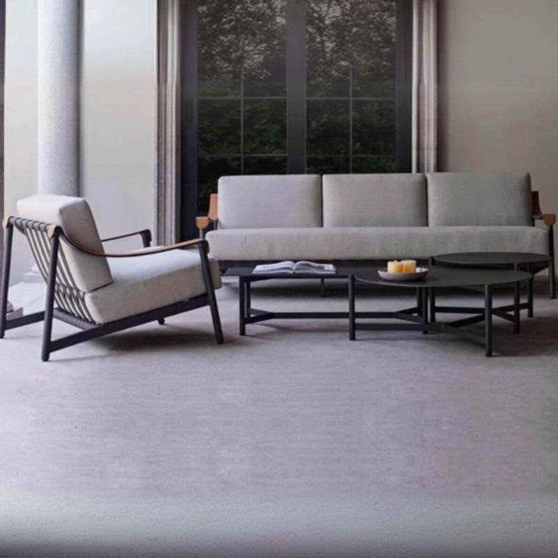 5-teilige Patio-Sofagruppe mit 3 Midnight Black Tischen, grauer 100% Baumwollbezug und Metall-Tischplatte, 5-teiliges Set