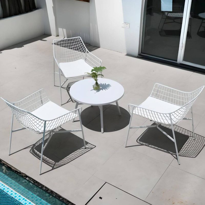 Industrieller Stil WeCourtyard Sofa-Set Metall mit Rundem Couchtisch - 4-teiliges Set (3 Stühle & Couchtisch) Weiß