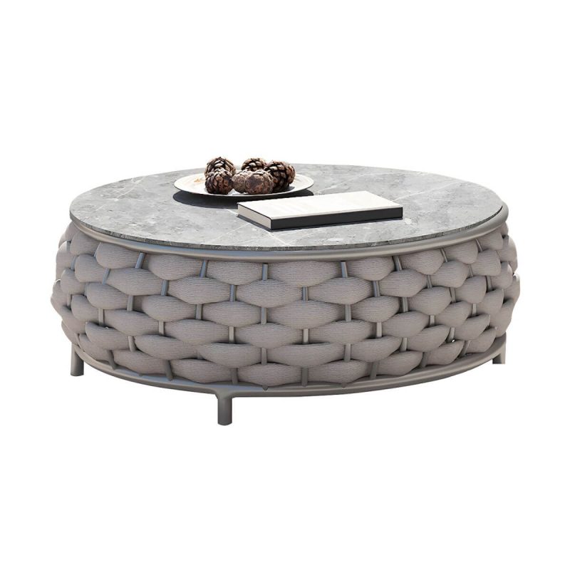 13,77" Hoher Stein-Couchtisch Zeitgenössischer Brauner Tisch mit Metallrahmen - 28"L x 28"B x 14"H Nur Tisch