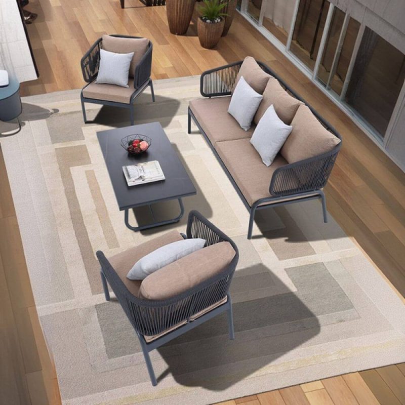 Ruby-Bezug-Kreidetisch Patio-Sofa-Sitzgruppe mit Leinen, 4-teiliges Set mit Stein-Tischplatte, Loveseat und Stuhl, Weiß, 4-teiliges Set (2 Stühle & 1 Loveseat & 1 Couchtisch)