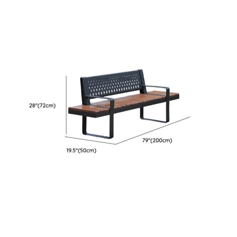 Dimension of Straight Arm Patio Bench in Art Deco Style with Back, Sepia Color, Damp-proof, and Lumber, Carbon Steel, 79"L x 20"W x 28"H