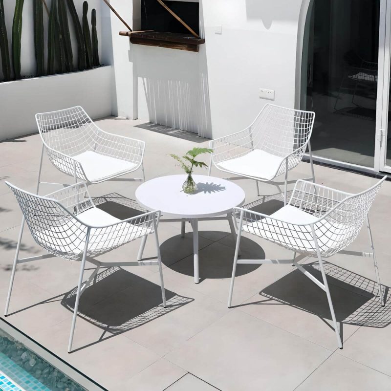 Industrieller Stil WeCourtyard Sofa-Set Metall mit Rundem Couchtisch - 5-teiliges Set (4 Stühle & 1 Couchtisch) Weiß
