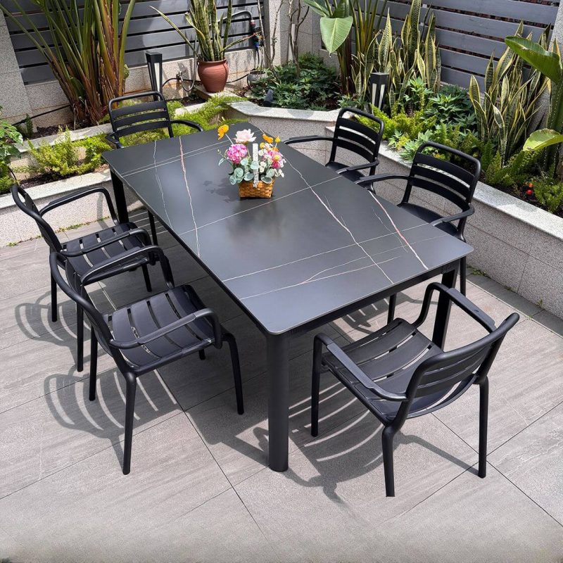 Outdoor-Essset mit Sitzmöbeln aus Legierung, 7-teilig, Tischplatte in Mitternachtsschwarz, UV-geschützt, Stuhl & Tisch, einfacher Stil, Schwarz, 63"L x 35"B x 29"H, Tisch & 6 Stühle