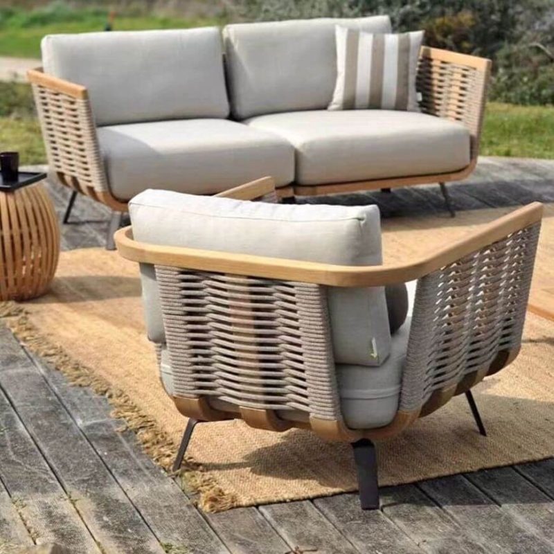 Modulare wasserdichte schwarze Sofa für 1 Person mit trendigem Kissen - 1 Stück, Einzelnes Ecksofa, Teak & geflochtenes Seil