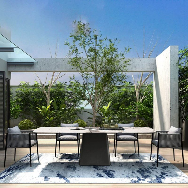 Moderner rechteckiger Outdoor-Patio-Tisch mit Steinplatte und Stahlrahmen Esstisch - Nur Tisch 70,9"L x 31,5"B x 29,5"H