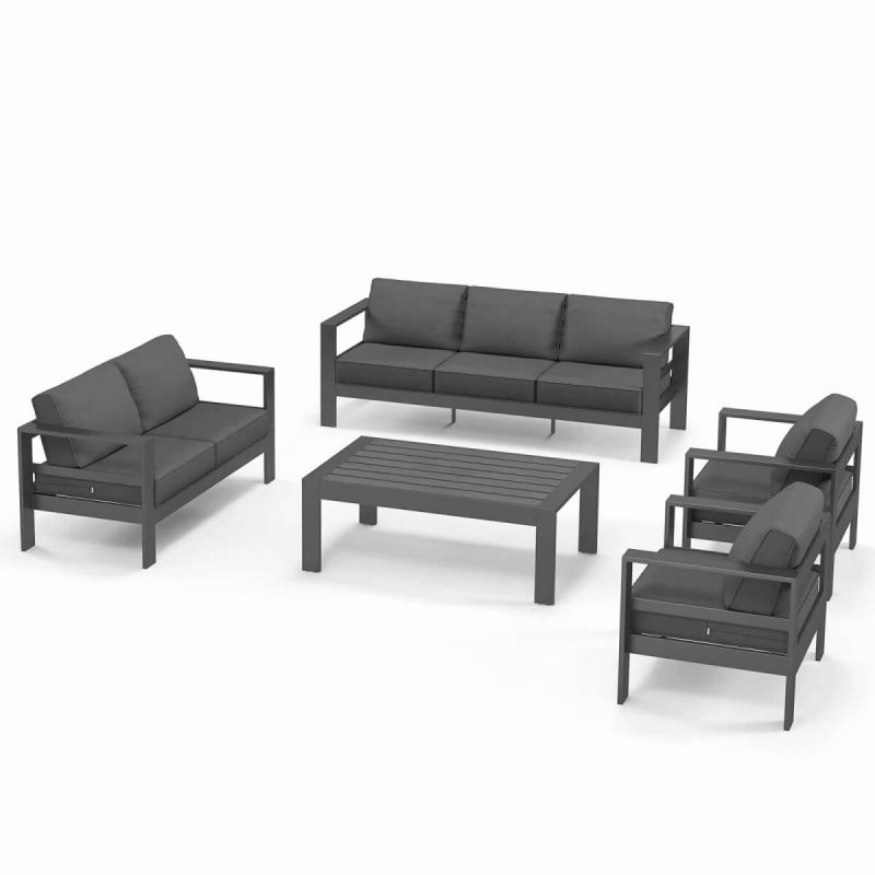Mitternachtsschwarze Outdoor Sofa Konversationsgruppe mit Canvas bezogenem Rücken Loveseat, Holzplattentisch und Stuhl, 5-teiliges Set, 5-teiliges Set (2 Stühle & Loveseat & 3-Sitzer Sofa & Couchtisch)