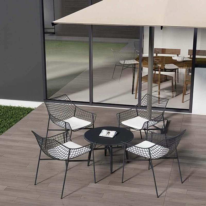 Industrieller Stil WeCourtyard Sofa-Set Metall mit Rundem Couchtisch - 5-teiliges Set (4 Stühle & 1 Couchtisch) Schwarz